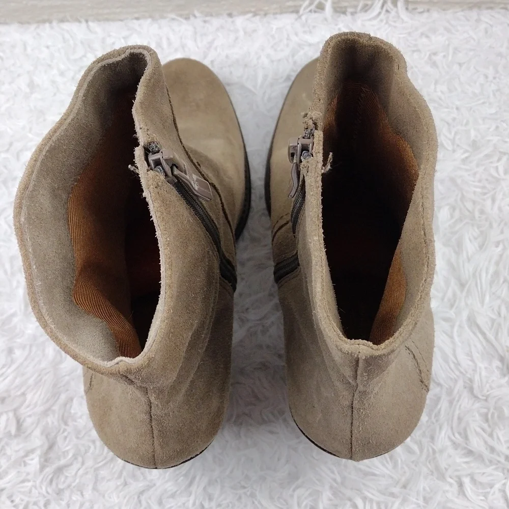 BCBGeneration Santina Taupe Suede Leather Pointy Toe Stacked Heel Ankle Boot